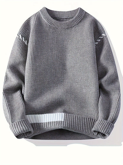 Unisex Rippstrick Pullover Rundhals mit Streifenmuster an Ärmeln und Saum