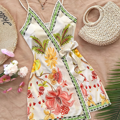 Damen Sommer Wickelkleid mit tropischem Print und Blumenmuster – Ideal für Urlaub und Freizeit