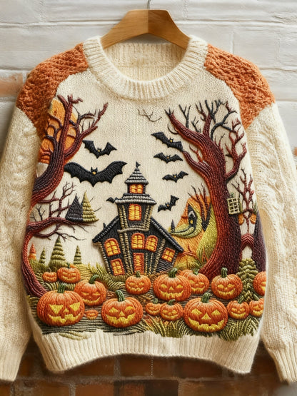 Damen Pullover Beige mit Katzenmotiv und Blumen – Rundhals Strickpullover