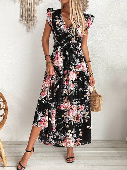 Damen Maxikleid mit Blumendruck und Gürtel – Elegantes Sommerkleid im Boho-Stil für Urlaub und Freizeit