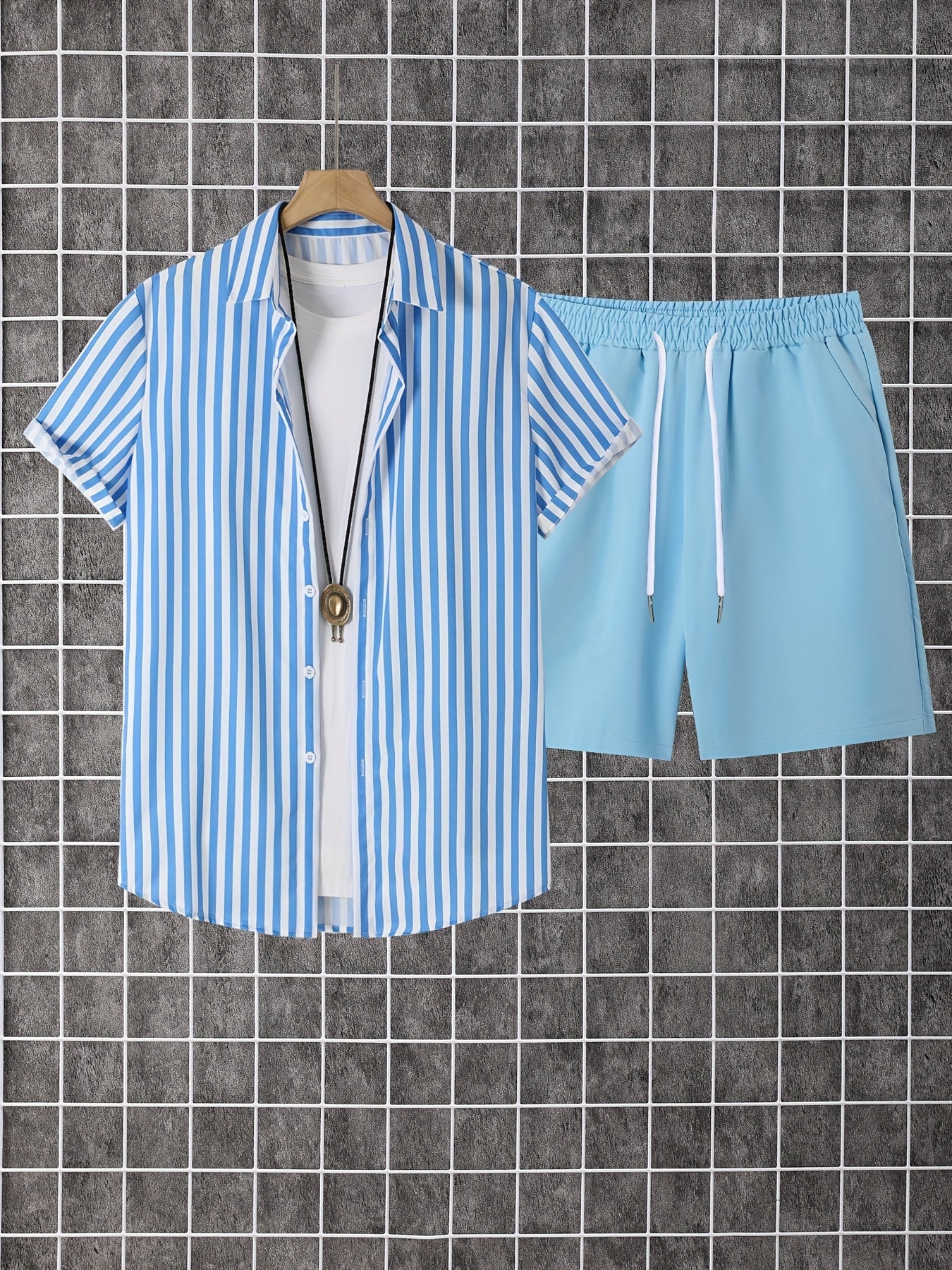 Herren Set mit Kurzarmhemd und Shorts, Modernes Streifen Design, Freizeit Outfit für Sommer und Urlaub