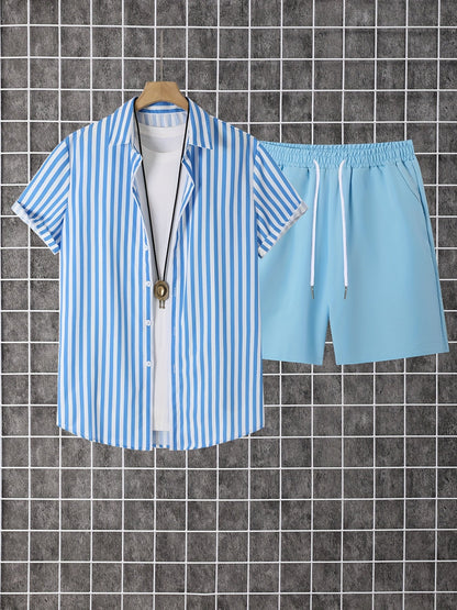 Herren Set mit Kurzarmhemd und Shorts, Modernes Streifen Design, Freizeit Outfit für Sommer und Urlaub