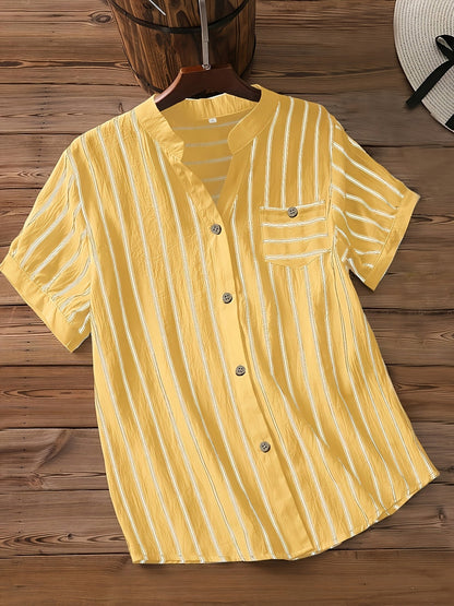 Herren Kurzarm Freizeithemd mit Streifen und Stehkragen – Modernes Button-Down Hemd für Alltag und Büro