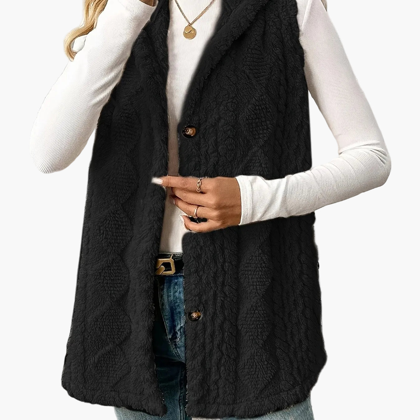 Damen Strickweste mit Kapuze und Knöpfen – Eleganter Lagenlook für Alltag und Freizeit
