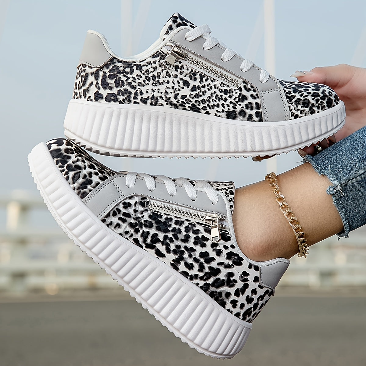 Damen Plateausneaker mit Leopardenmuster und Reißverschluss – Modische Freizeitschuhe für Alltag und Streetstyle