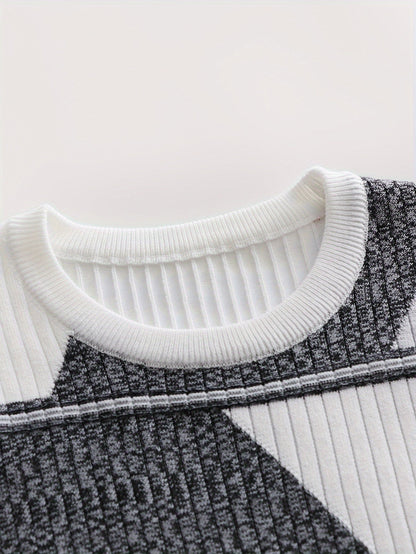 Herren Pullover Langarm Gerippt mit Geometrischem Muster Schwarz Weiß