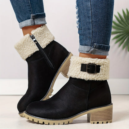 Damen Stiefelette mit Schnalle, Plüschrand und Blockabsatz, Farben wählbar