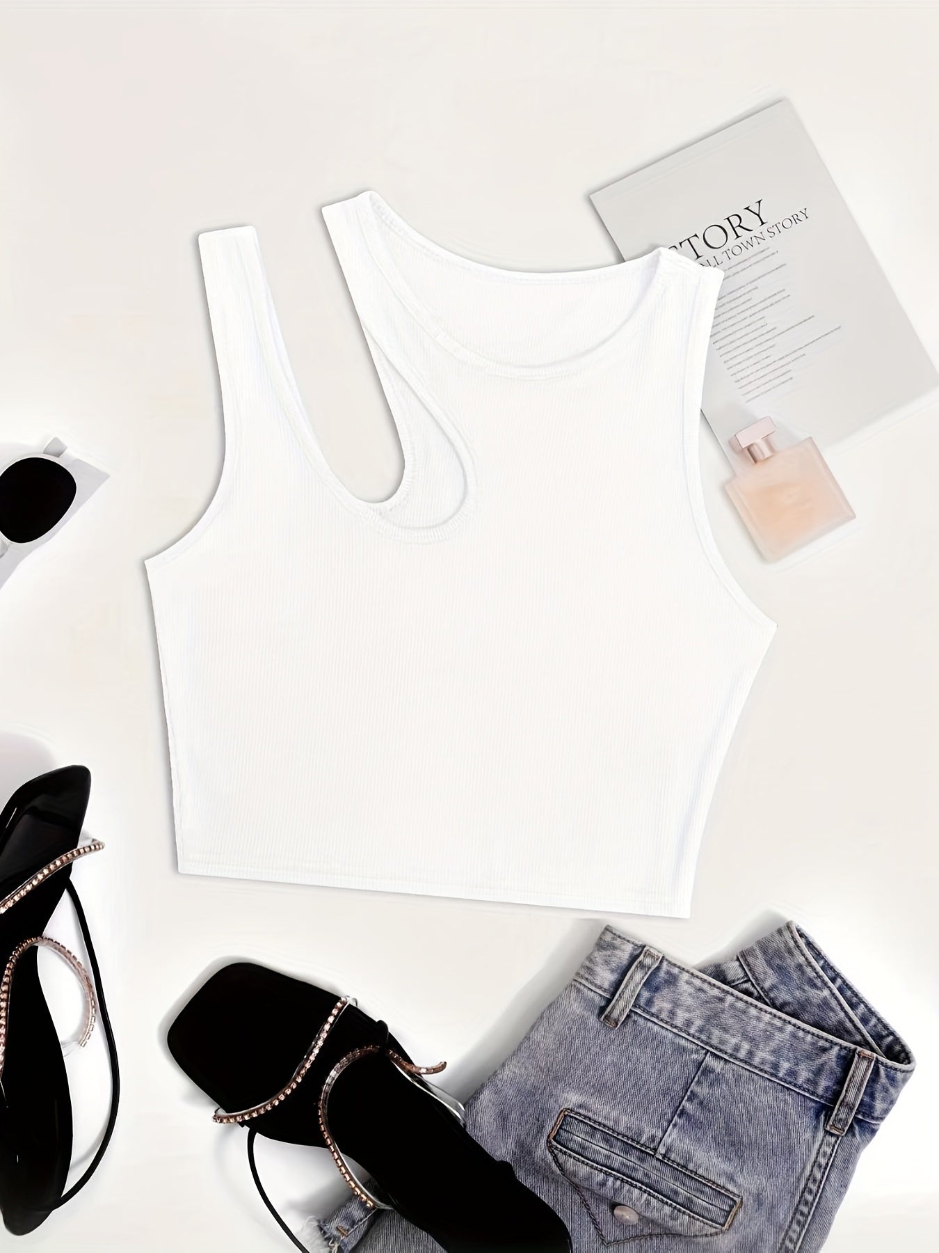 Damen Asymmetrisches Rib-Crop Top für Sommer, Modisches Streetwear Oberteil