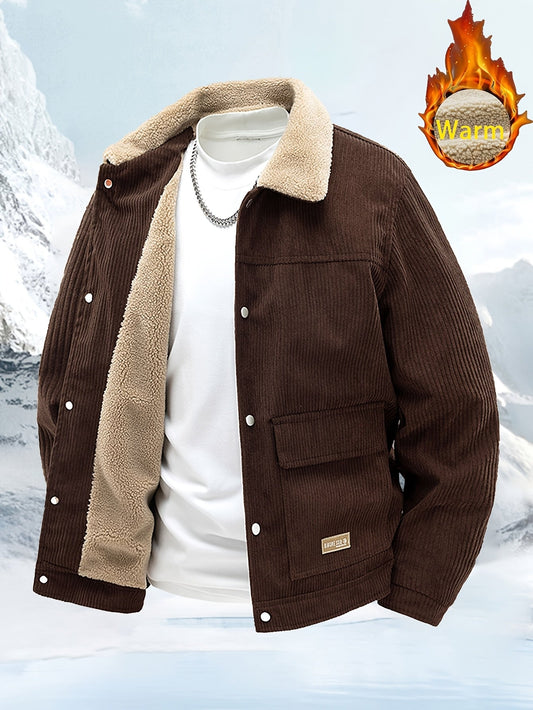 Herren Winterjacke Cord Teddyfutter Beige/Dunkelbraun/Schwarz mit Kragen und Taschen