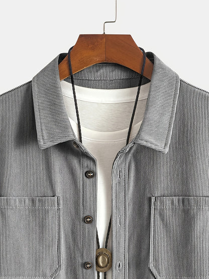 Herren Cordhemd Overshirt mit zwei Brusttaschen Langarm Freizeithemd