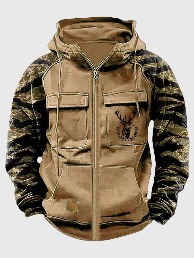 Herren Kapuzenjacke mit Reißverschluss, Camouflage Ärmel & Hirsch-Motiv