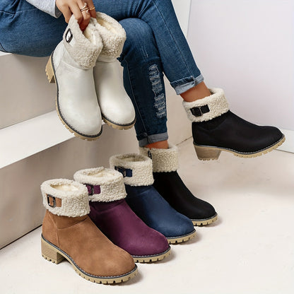Damen Stiefelette mit Schnalle, Plüschrand und Blockabsatz, Farben wählbar
