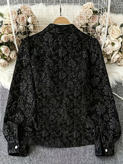 Damen Crop Bluse Schwarz Langarm Blumenmuster Strukturiert