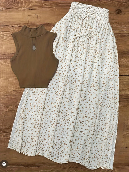 Damen Trendiges 2-teiliges Set mit Mock-Neck Top und geblümtem Maxirock für Alltag und Freizeit