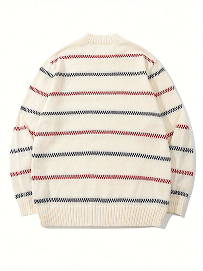 Pullover Herren Strickpullover Rundhals Mehrfarbige Streifen Beige