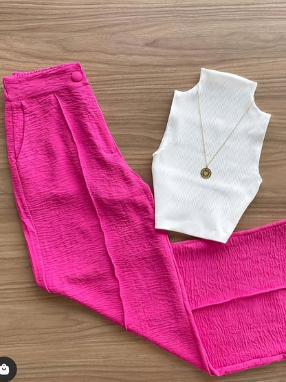 Damen Elegantes Set – Ärmelloses Oberteil mit Stehkragen und Weite Hose, Perfekt für Büro & Freizeit