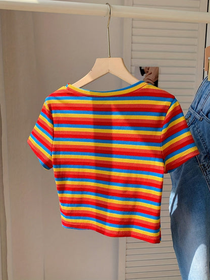 Damen Kurzarm Streifen T-Shirt – Retro Style für Alltag & Freizeit