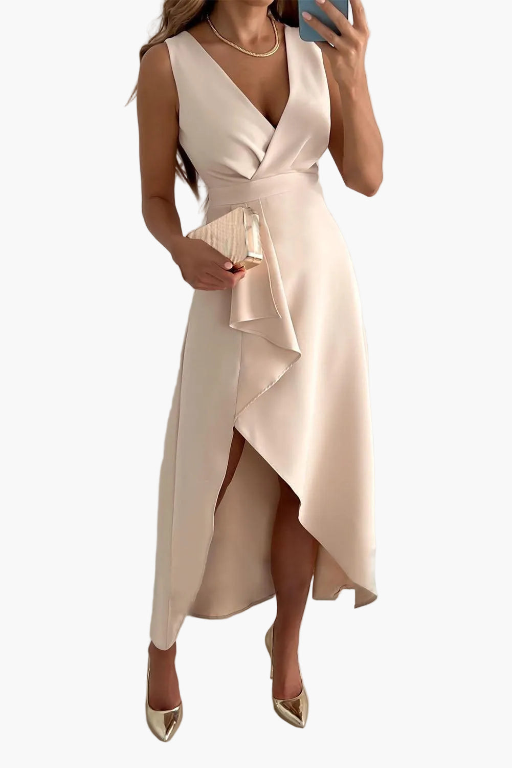 Damen Cocktailkleid Elegant Wickeloptik Ärmellos Asymmetrisch Festlich