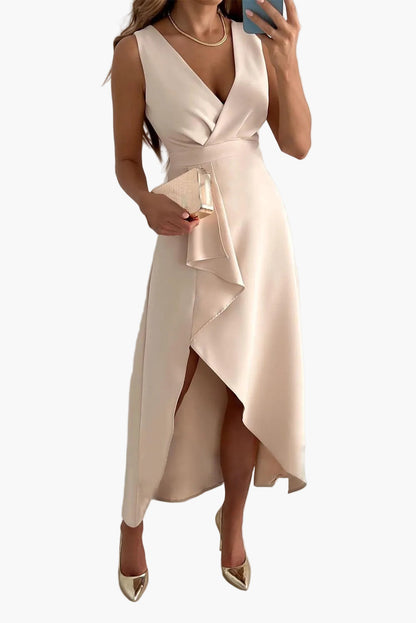 Damen Cocktailkleid Elegant Wickeloptik Ärmellos Asymmetrisch Festlich