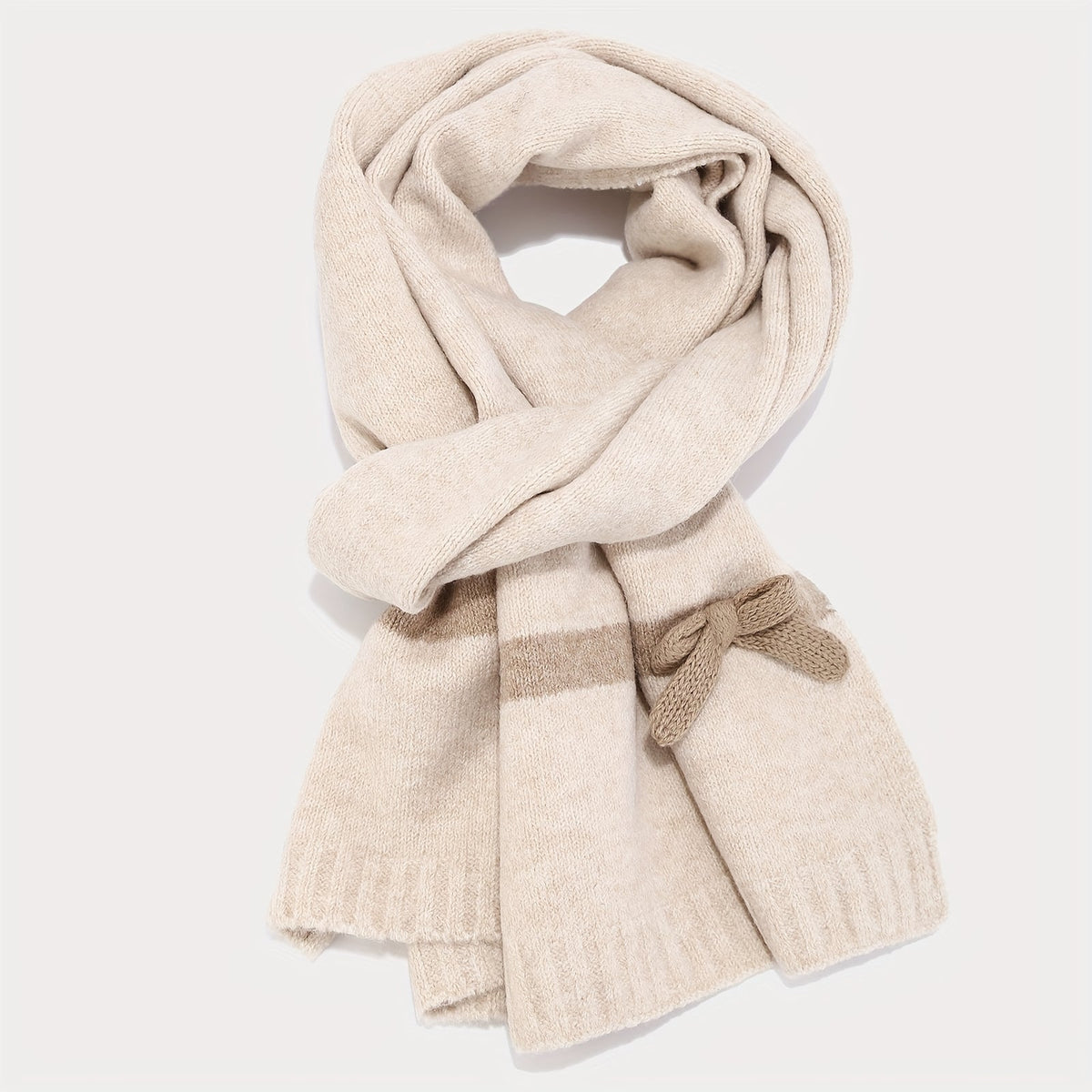 Damen Winter Set Mütze Schal Handschuhe mit Schleife und Bommel, Warmes Strick-Set
