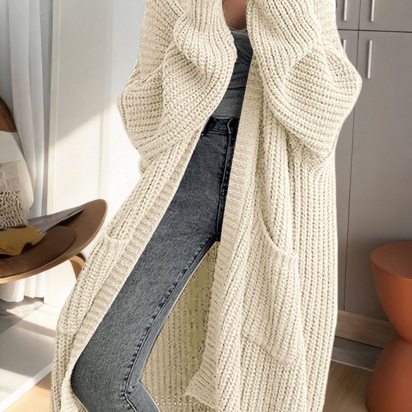 Damen Oversize Strick-Cardigan Lang Offene Front mit Taschen – Lässiger Streetstyle