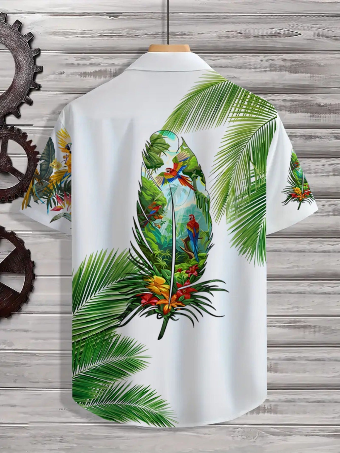 Herren Kurzarm-Hemd mit tropischem Papageien-Print und Palmen – Exotisches Freizeithemd für Strand und Urlaub