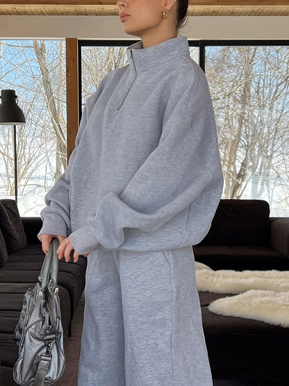 Damen Trainingsanzug Set mit Reißverschluss-Stehkragen Pullover und Jogginghose, weiter Schnitt