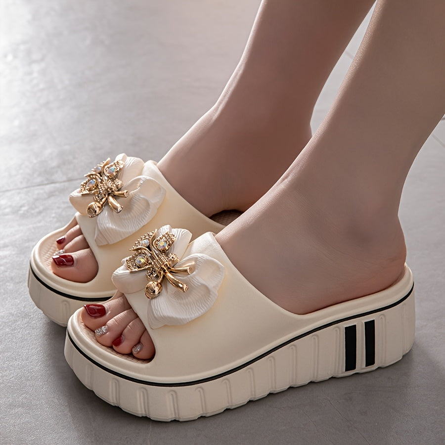 Damen Plateau-Slides mit floraler Applikation und modernem Design – Modische Freizeitsandalen