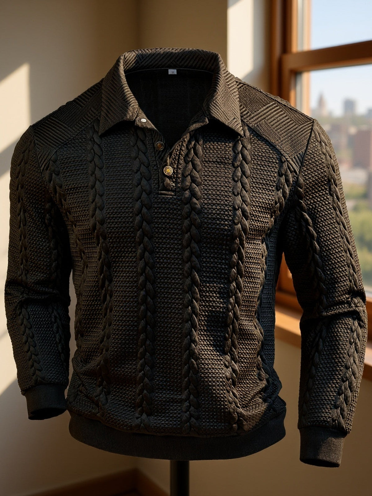 Herren Poloshirt Strickpullover Zopfmuster Knopfleiste Langarm Dunkelgrau