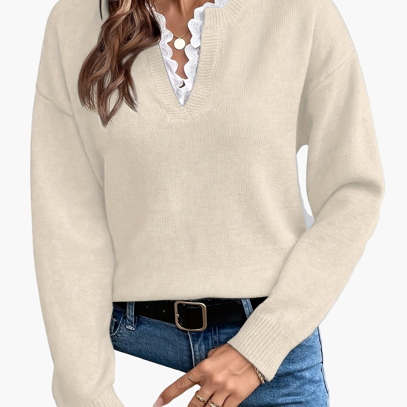 Damen Pullover Elegant mit V-Ausschnitt und Spitzenbesatz – Lockerer Strickpullover für Herbst und Winter