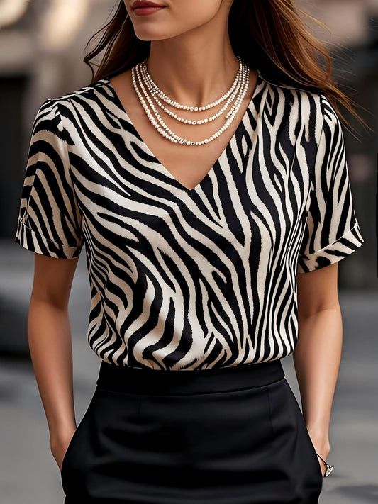 Damen Zebra-Print Bluse mit V-Ausschnitt und kurzen Ärmeln – Modisch & Elegant für Büro und Alltag