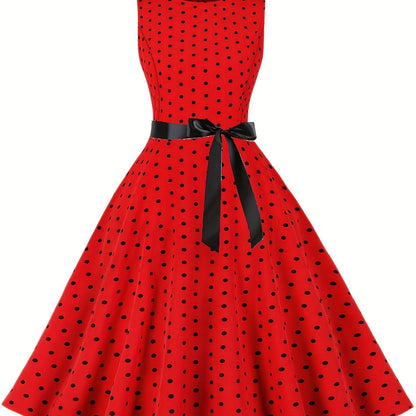 Damen Vintage Polka Dot Rockabilly Kleid mit Gürtel – Elegantes Retro Partykleid