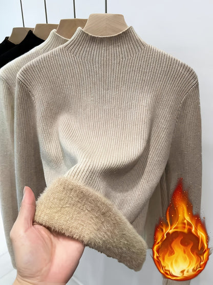 Damen Rippstrick Pullover Stehkragen mit flauschigem Innenfutter Beige