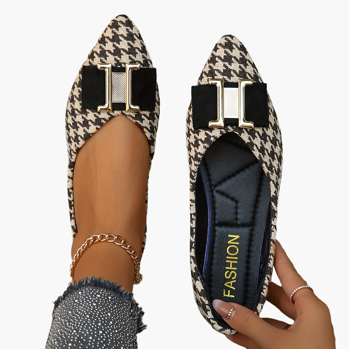 Damen Elegante Houndstooth Ballerinas mit Schleifen-Detail – Modische Flats für Alltag und Büro