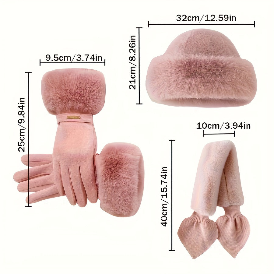 Winter Set Pelzimitat 3-teilig: Hut, Schal & Handschuhe mit Kunstfellbesatz, Warme Winteraccessoires