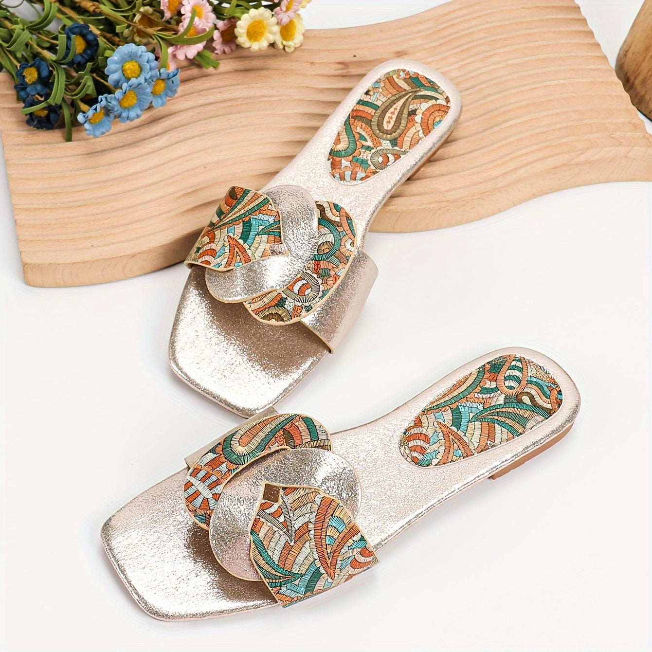 Damen Slide Sandalen mit Paisley Muster und Modernem Design – Elegante Sommerschuhe für Alltag und Freizeit