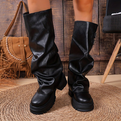 Damen Stiefel chunky Sohle seitlicher Reißverschluss Schnallen kniehoch Schwarz Beige