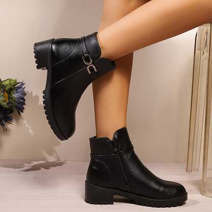Damen Stiefeletten mit Schnalle und Reißverschluss, grober Sohle