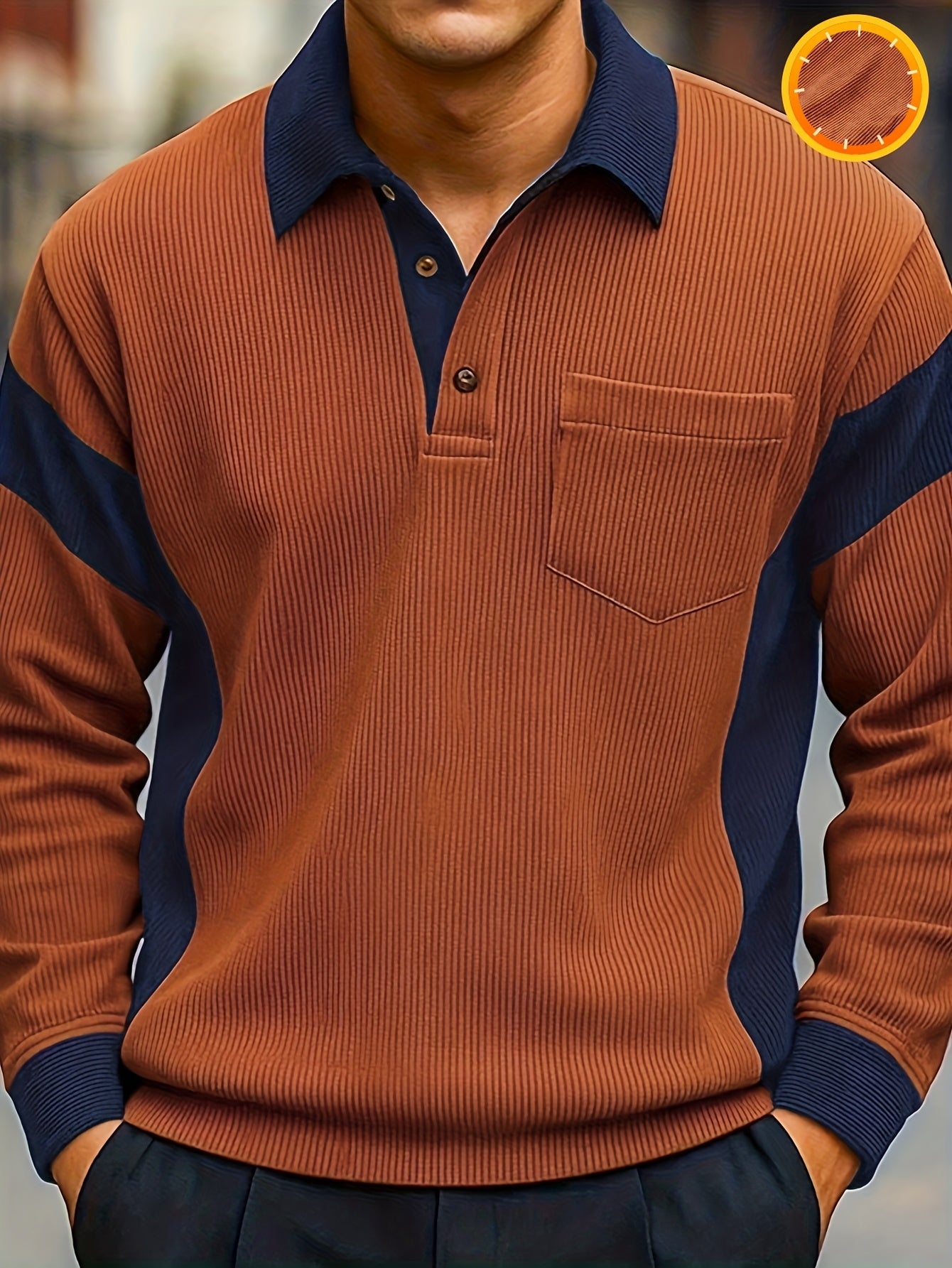 Herren Langarm Poloshirt Braun-Blau Gerippt mit Brusttasche