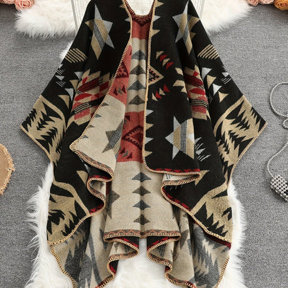 Damen Poncho Cape mit offenem Schnitt und geometrischem Muster – Boho Stil für Freizeit und Alltag