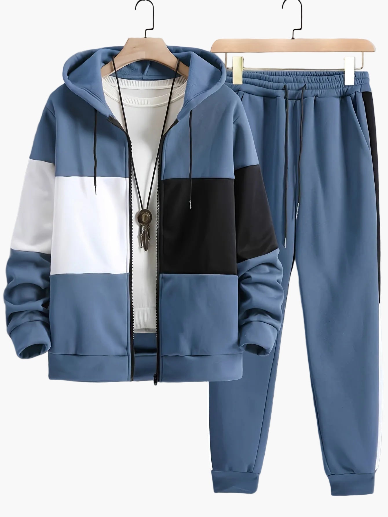 Herren Trainingsanzug Set mit Kapuzenjacke – Patchwork, Casual, Sport & Freizeit