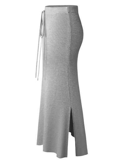 Damen Rippenstrick Maxirock mit Bindegürtel – Eleganter Freizeit- und Büro-Look
