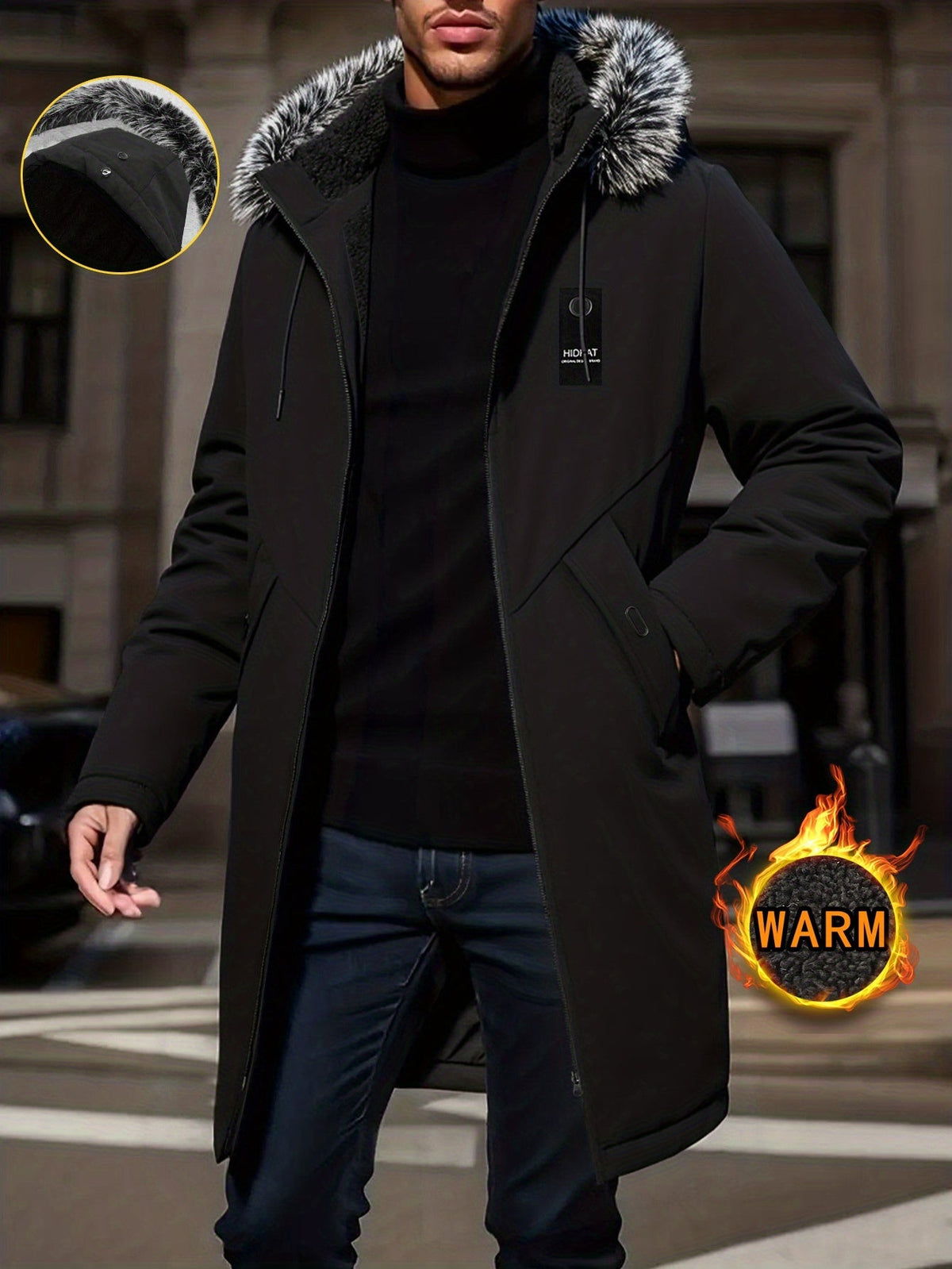 Herren Winterparka mit Kapuze und Kunstfellbesatz lang