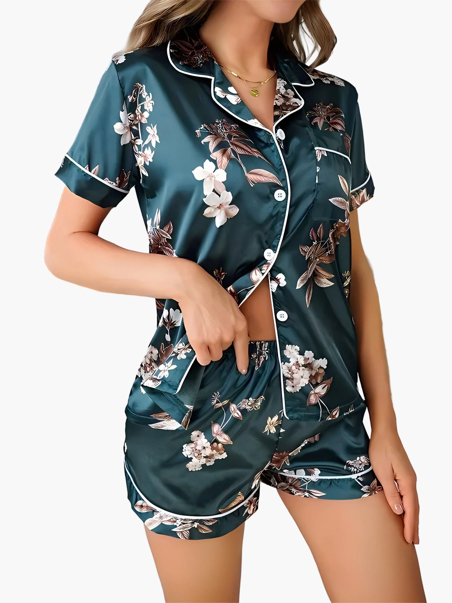 Damen Satin Pyjama Set mit Blumenmuster – Eleganter Schlafanzug für Frühling und Sommer