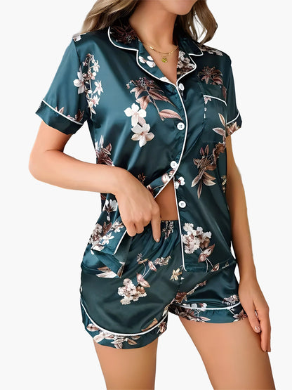 Damen Satin Pyjama Set mit Blumenmuster – Eleganter Schlafanzug für Frühling und Sommer