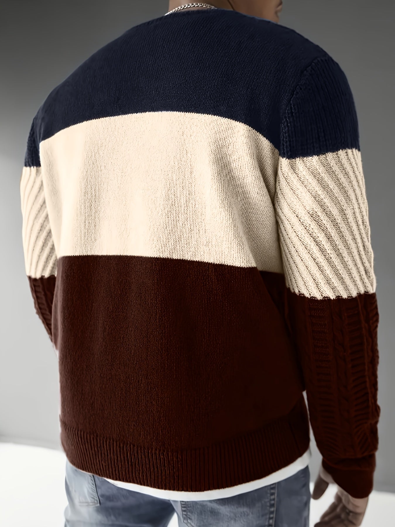 Herren Pullover Farbblock Gerippt Rundhalsausschnitt Langarm