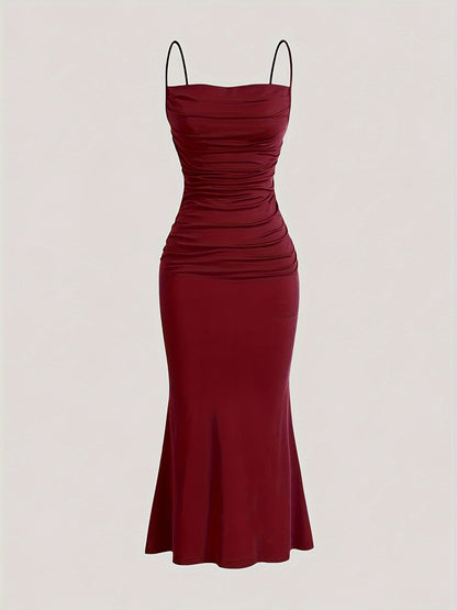 Damen Abendkleid Elegant Maxi Figurbetont mit Drapierung und Spaghettiträgern