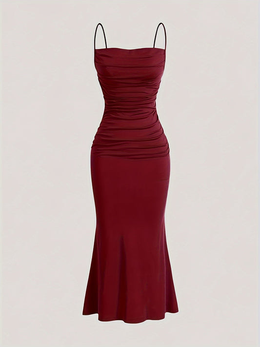 Damen Abendkleid Elegant Maxi Figurbetont mit Drapierung und Spaghettiträgern