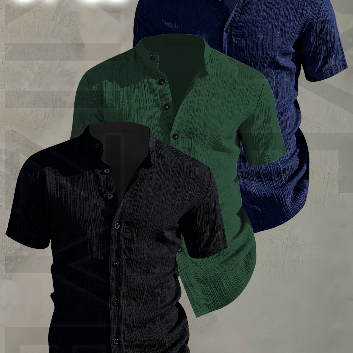 Herren 3er-Pack Stehkragen Hemden – Modischer Freizeit Look, Kurzarm, Knopfleiste