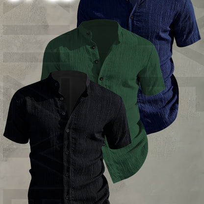 Herren 3er-Pack Stehkragen Hemden – Modischer Freizeit Look, Kurzarm, Knopfleiste